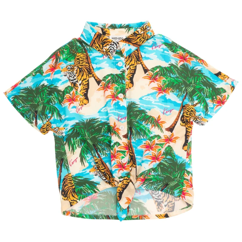 Image of Kenzo Kids Tropical Print Short-Sleeve Patterned Shirt Off White female 5Y