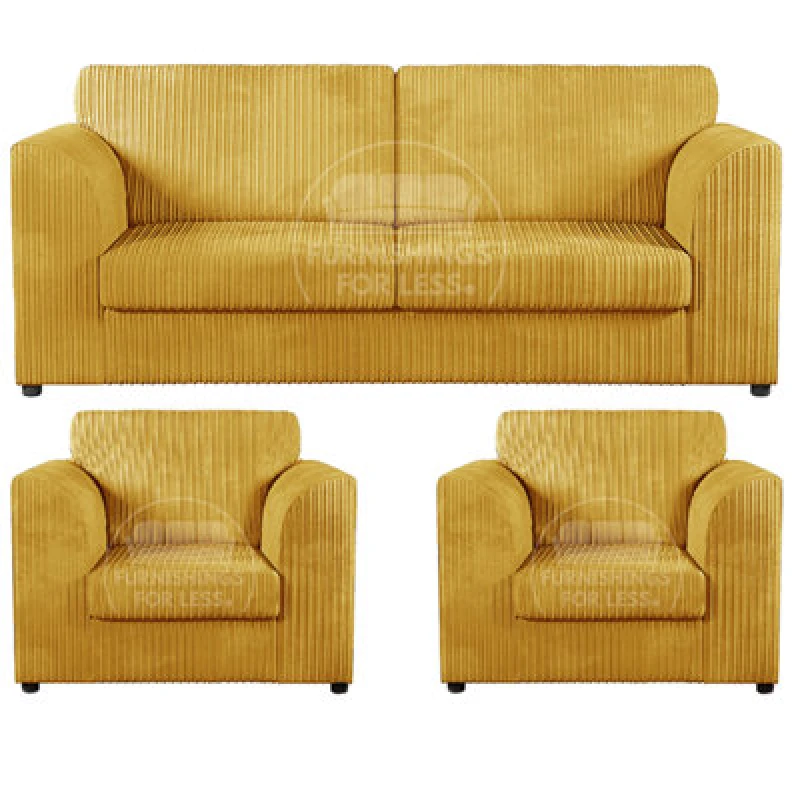Image of Furnishings For Less UK Luxor Jumbo Cord 3 + 1 + 1 Fabric 3 Piece Sofa Suite - Fullback Mustard