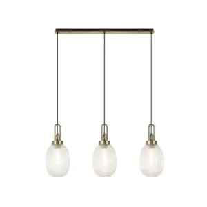 Image of Yorktown Linear 3 Light Ceiling Pendant E27 With 20cm Almond Ribbed Glass, Champagne Brass Gold, Matt Black