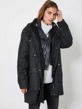 Image of Mint Velvet Double Layer Waxed Parka - Black, Size XL, Women