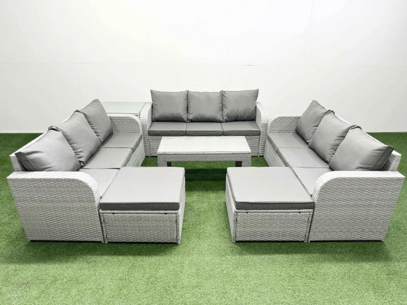 Image of Fimous PE Rattan Lounge Sofa Set 11 Seater Outdoor Garden Furniture Set with Oblong Coffee Table 3 Seater Sofa 2 Big Footstools Side Table Light Grey