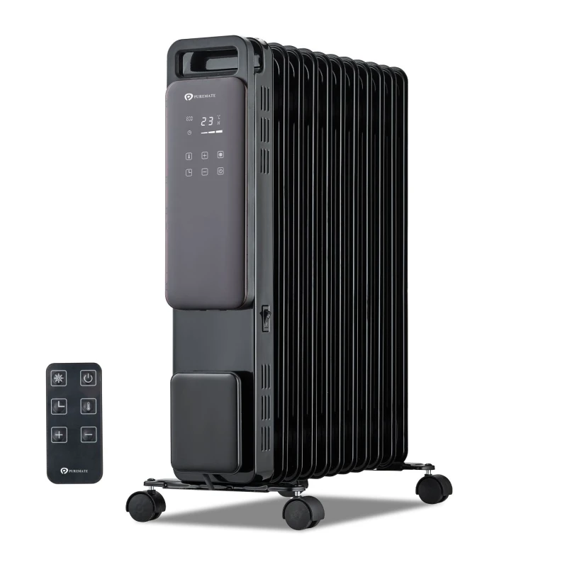 Image of PureMate 2500W 11 Fin Oil Filled Radiator - Portable Electric Heater w/ Digital Screen, Touch Control, Adjustable Thermostat, 3 Heat Modes, 24Hr Black