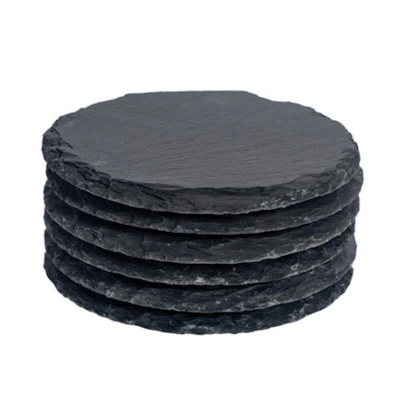 Image of Argon Tableware Round Slate Coasters - 10cm - 6x Natural Black Stone Home Kitchen Drink Coffee Cup Glass Holder Table Mat Placemats Black