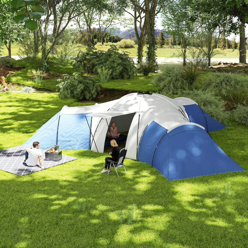Image of OUTSUNNY Large Tunnel Tent with 3 Bedroom, Living Area & Porch in Blue Blue Unisex