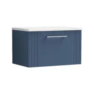 Image of Deco Satin Blue 600mm Wall Hung Single Drawer Vanity Unit with Sparkling White Laminate Worktop - DPF394LSW - Satin Blue - Nuie