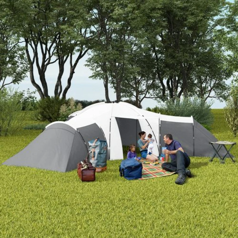 Image of Outsunny Outsunny Large Tunnel Tent with 3 Bedroom, Living Area and Porch, Grey