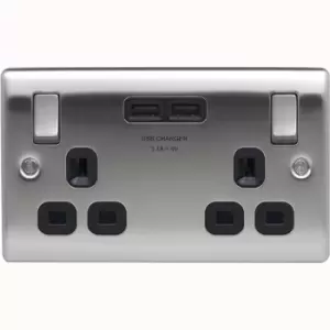 Image of BG Nexus Metal Brushed Steel Single 2 Gang Plug Socket with 2 x USB Outlet Black Insert 13A - NBS22U3B