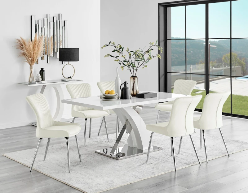 Image of FurnitureboxUK FurnitureboxUK Atlanta 6 White Dining Table and 6 Nora Silver Leg Chairs in Cream Cream One Size Unisex 5056657168599