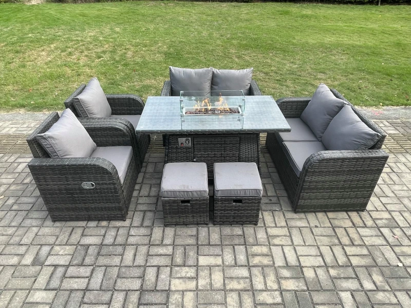 Image of Fimous Rattan Outdoor Garden Furniture Sofa Set Gas Fire Pit Dining Table Gas Heater with Love Sofa 2 Small Footstool 8 Seater Dark Grey