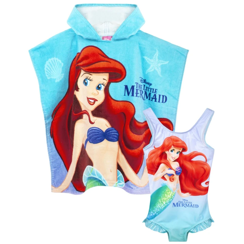 Image of Disney Poncho Towel and 1 Piece Swimming Costume Set Blue