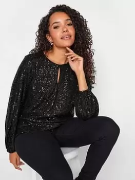 Image of M&Co Sequin Keyhole Bellow Sleeve Top - Black, Size 14, Women