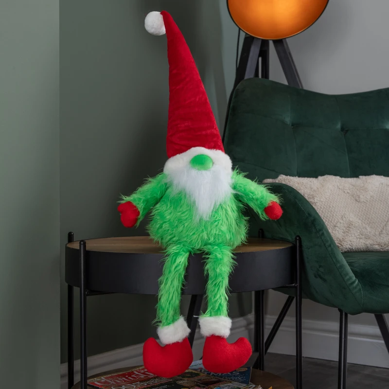 Image of 35cm Soft Green Fur Christmas Sitting Gronk Decoration with Santa Hat