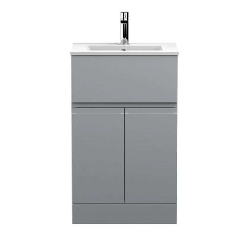 Image of Nuie Hudson Reed Urban Floor Standing 2 Door 1 Drawer Vanity Unit With Minimalist Basin, Modern Vanity Unit In Satin Grey, 500mm