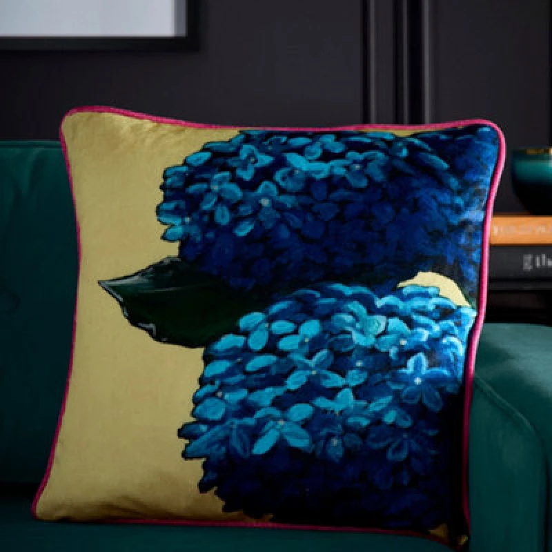Image of Laurence Llewelyn-Bowen 'Hiyah Hydrange' Hydrangea Blooms Print Velvet Filled Cushion Lime