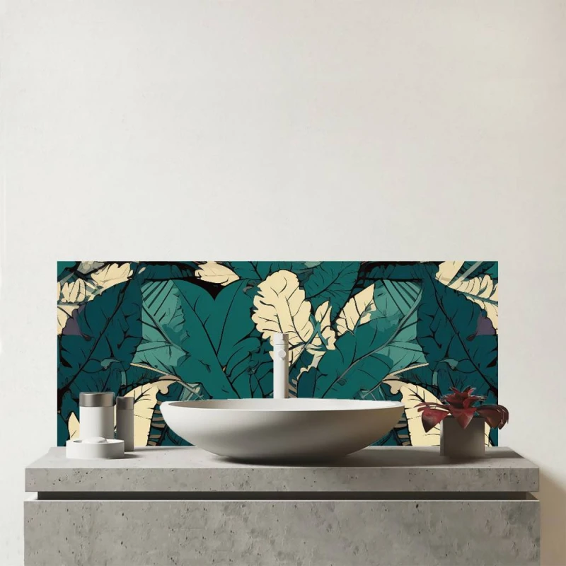 Image of Warren Reed - Designer Green Beige Tropical Leaves Glass Bathroom Splashback Green Unisex