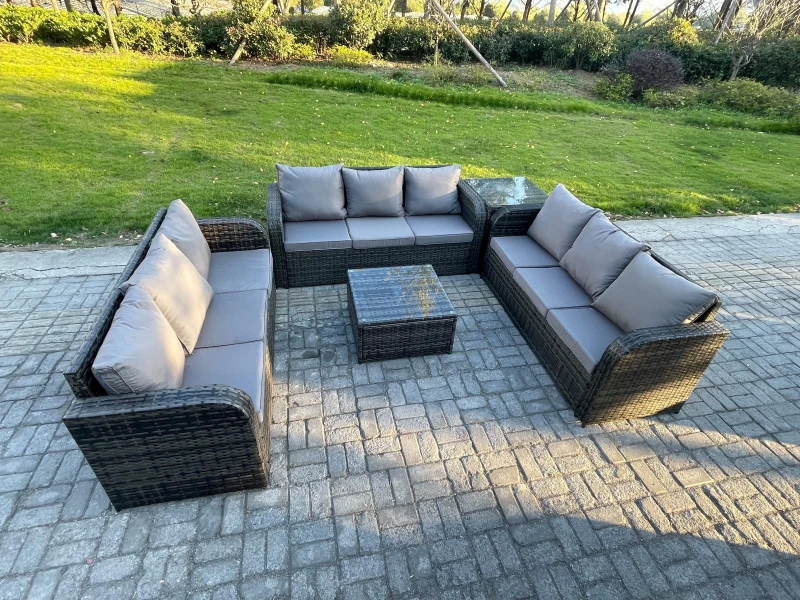 Image of Fimous Patio Garden Furniture Sets Wicker 9 Seater Outdoor Rattan Furniture Sofa Sets with Square Coffee Table Side Table Dark Grey