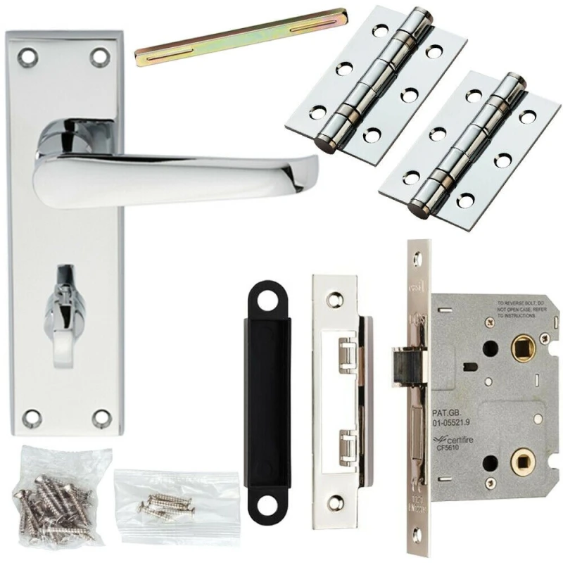 Image of Loops Door Handle & Bathroom Lock Pack Chrome Victorian Straight 150 x 43mm Backplate Multi