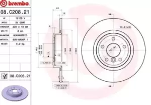 Image of BREMBO Brake disc JAGUAR 08.C208.21 T4N1742 Brake rotor,Brake discs,Brake rotors