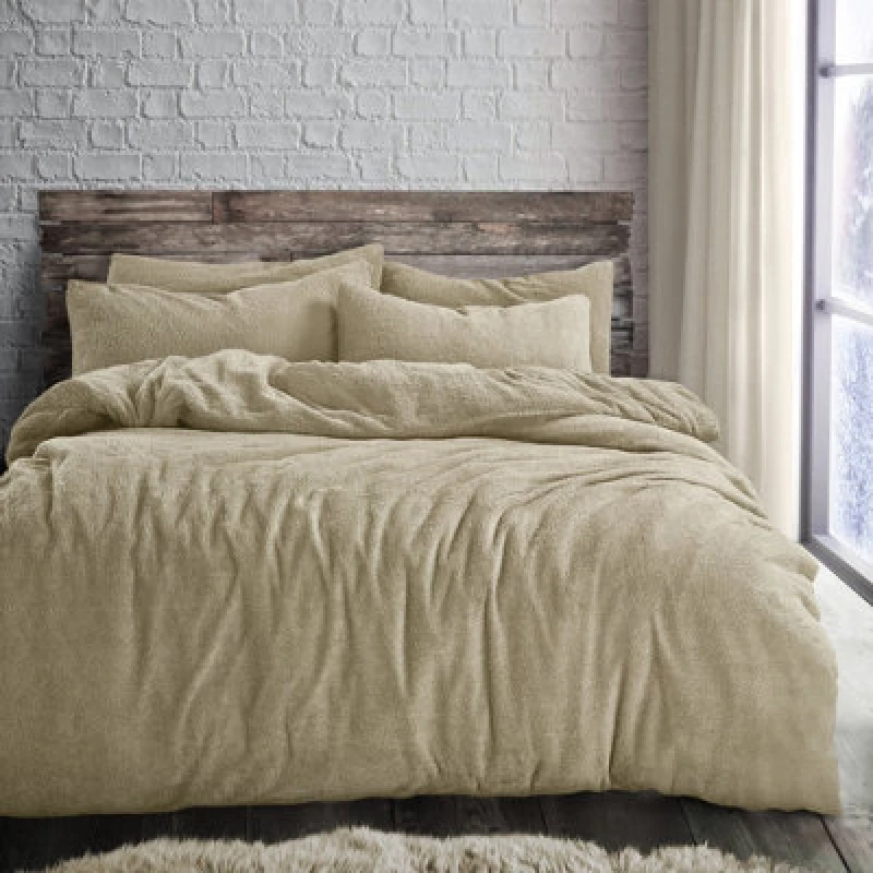 Image of Velosso Teddy Fleece Duvet Cover & Pillowcase Set - Button Enclosure, Machine Washable Bedroom Essentials - Taupe