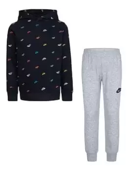 Image of Nike Kids Boys AOP Club Seasonal Overhead Hoody and Jogger Set, Black, Size 6-7 Years