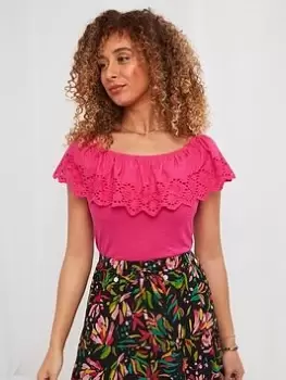 Image of Joe Browns Broderie Frill Bardot T-Shirt - Pink, Size 12, Women