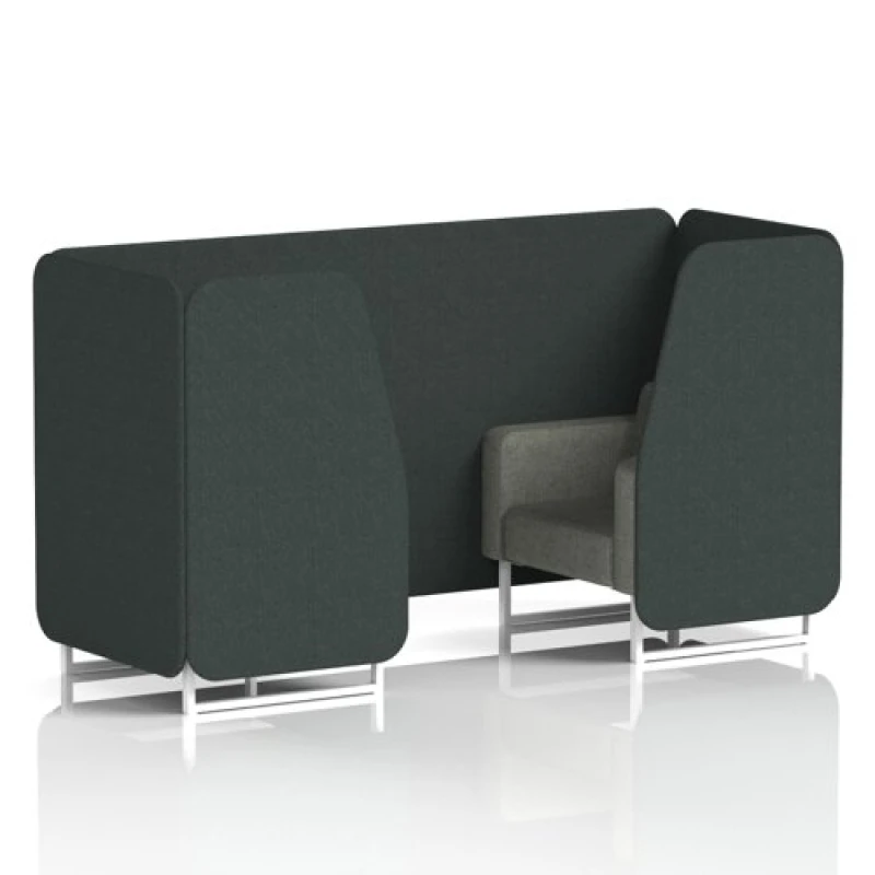 Image of Brixworth 2 Seater Office Booth with Front Panel - White Legs in Rivet Fabric - Charcoal Panels and Vitreous Sofa