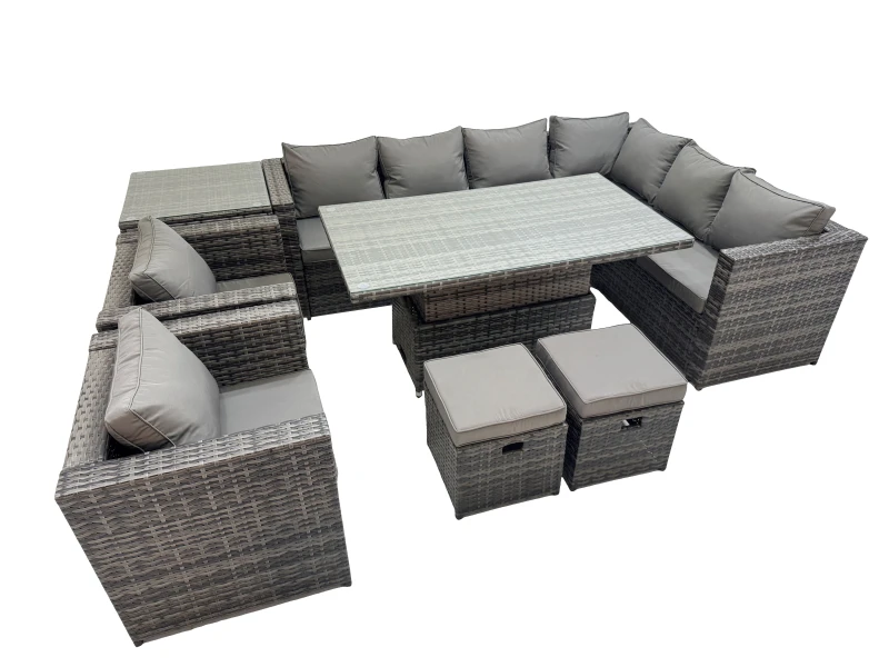 Image of Fimous 10 Seater Rattan Corner Sofa Sets with 2 Chairs 2 Stools Side Table in Dark Grey Dark Grey Unisex