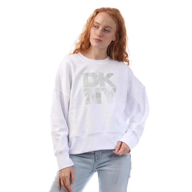 Image of DKNY Foil Logo Crew Neck Sweat Crew Sweaters L White silver 31291701430