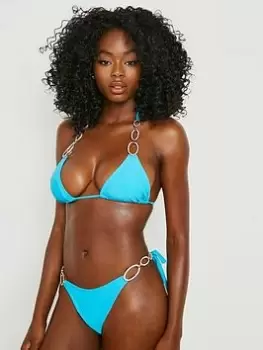 Image of Boohoo Diamante Trim Triangle Bikini Top - Turquoise, Blue, Size 8, Women