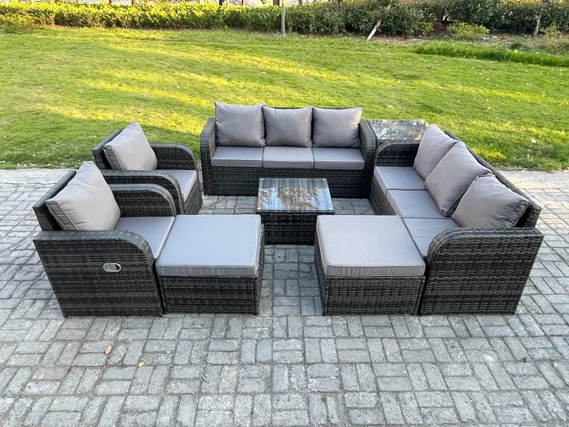 Image of Fimous High Back Rattan Garden Furniture Set with Square Coffee Table 2 Big Footstool Side Table Indoor Outdoor Patio Lounge Sofa Set Dark Grey