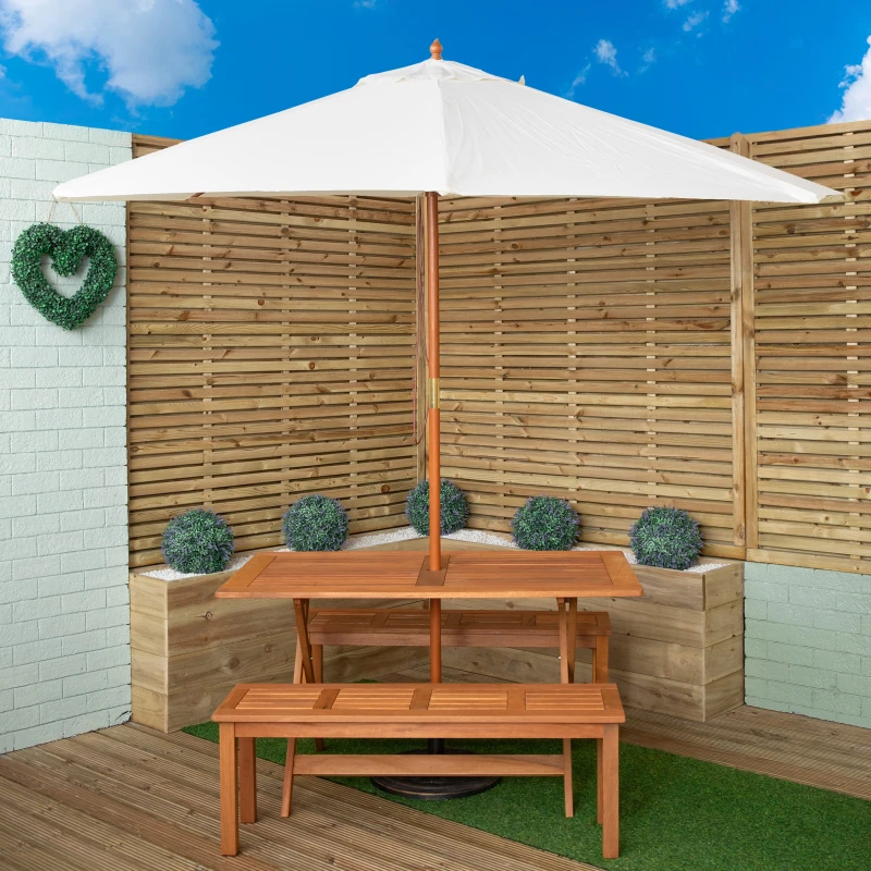 Image of Outdoor 4 Person Rectangular Wooden Garden Dining Table, 2 Benches with Cream Parasol and Base Set