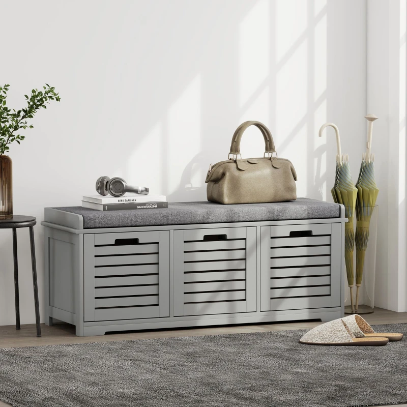 Image of HOMCOM 3-Door Shoe Storage Bench Cushion Seat Slatted Doors in Grey Grey Unisex