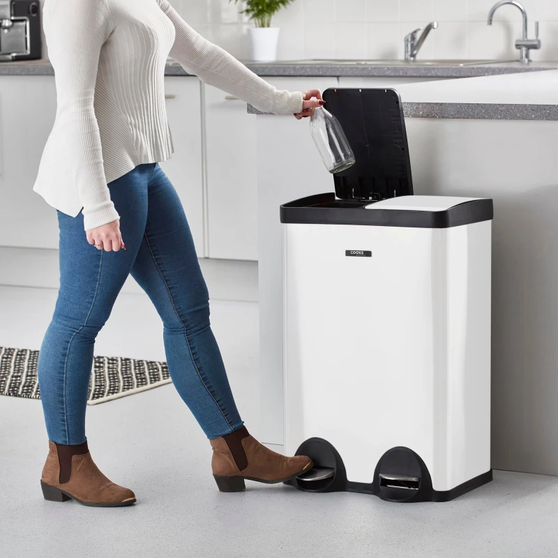 Image of Cooks Professional Dual Pedal Bin 60L with 2 x Compartments & Soft Close Lids in White White Unisex