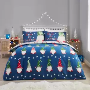 Image of Fusion Christmas Gnome For Christmas 100% Brushed Cotton Reversible Duvet Cover Set, Navy, Double