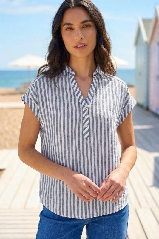 Image of Roman Womens Stripe Print Button Front Top in Blue Size: 14 Blue Female 14