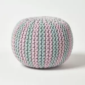 Image of Pink and Blue Knitted Pouffe Striped Footstool 35 x 40cm - Pastel Blue & Pink - Homescapes
