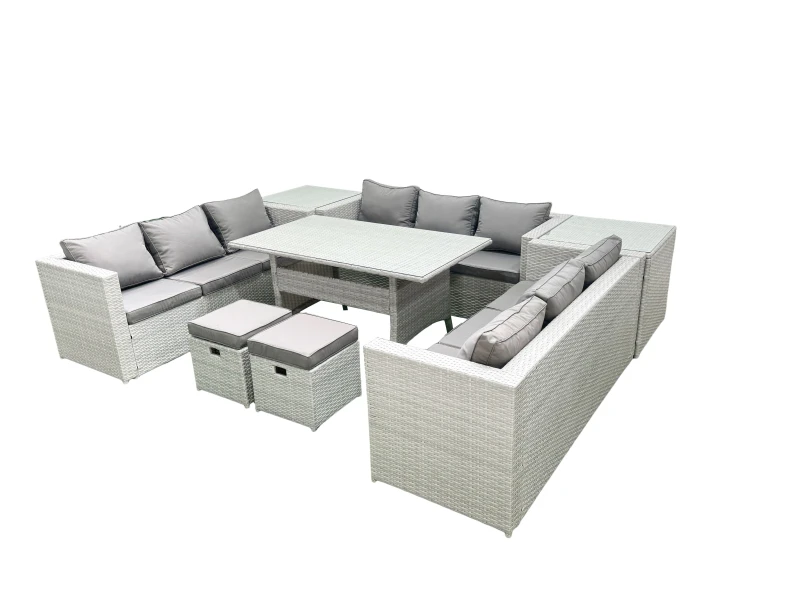 Image of Fimous Rattan Garden Outdoor Furniture Set 11 Seater Garden Sofa Rectangulr Dining Table Set with 2 Small Footstool 2 Side Tables Light Grey Mixed Lig