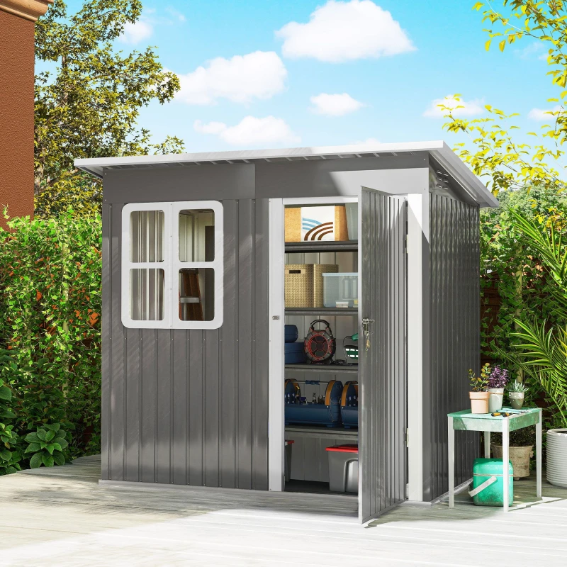 Image of Outsunny 7 x 4ft Galvanised Steel Garden Shed with Foundation Kit, Grey Pale Grey