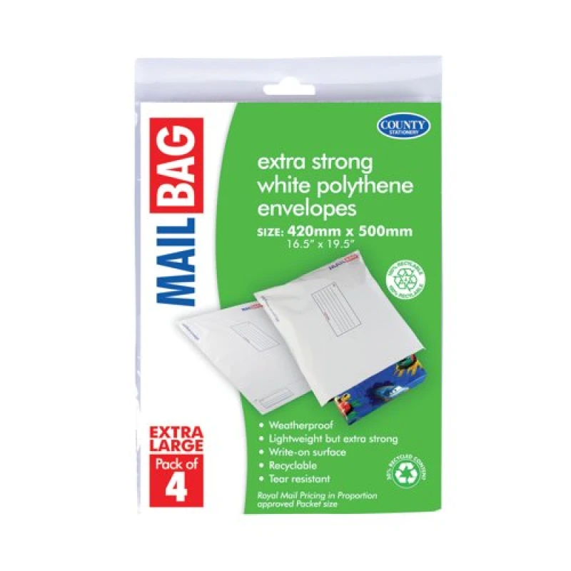 Image of County Stationery Mail Bag Envelopes Extra Strong Polythene 10x4 Extra Large 420x500mm White (40 Pack) C264