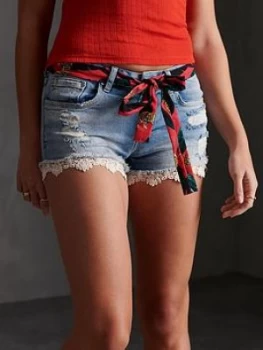 Image of Superdry Lace Denim Hot Shorts - Light Blue, Size 24, Women