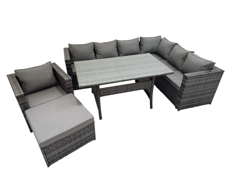 Image of Fimous 8 Seater Patio Dining Corner Sofa Sets with Chair Big Stool in Dark Grey Dark Grey Unisex