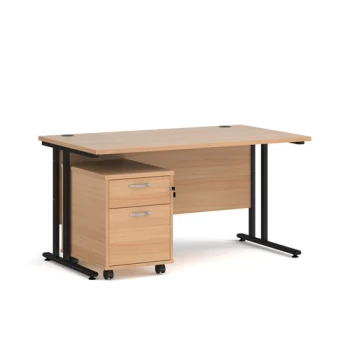 Image of Office Desk Rectangular Desk 1400mm With Pedestal Beech Top With Black Frame 800mm Depth Maestro 25 SBK214B