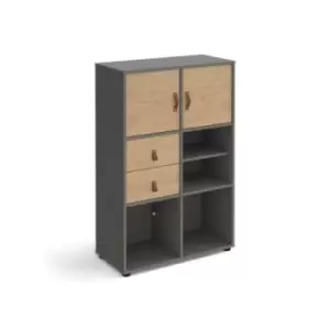 Image of Universal cube storage unit 1295mm high on glides with matching shelf, 2 cupboards and drawers - grey with oak inserts