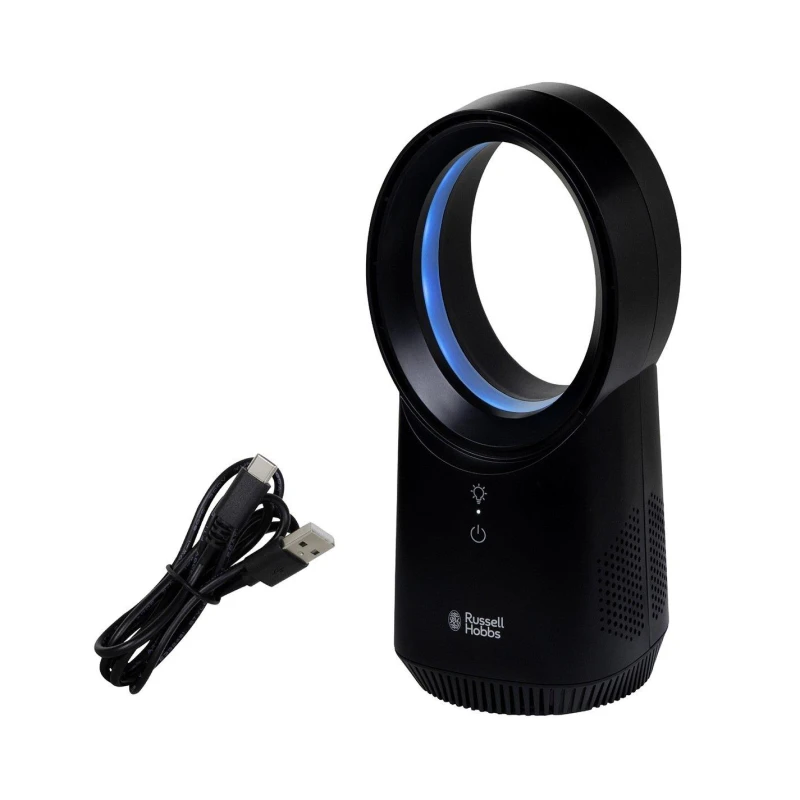 Image of Russell Hobbs Bladeless Desk Fan Compact Wireless Electric Cooling with 3 Speeds in Black One Size Unisex 5056233838557