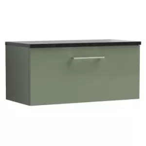 Image of Nuie Arno Satin Green 800mm Wall Hung Single Drawer Vanity Unit with Sparkling Black Laminate Worktop - ARN825LSB - Satin Green