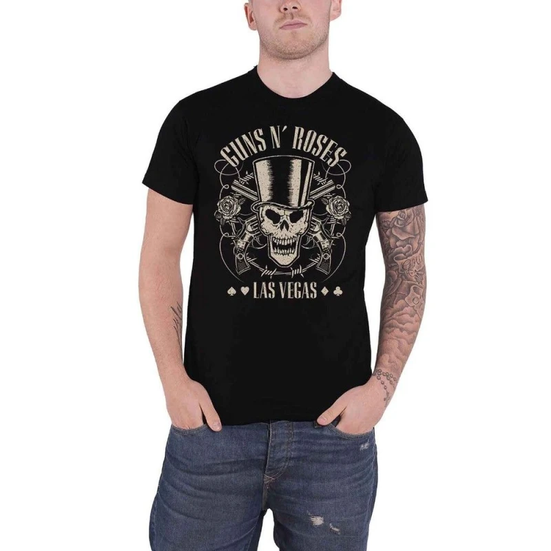 Image of Guns N' Roses Guns N Roses Men Top Hat, Skull & Pistols Las Vegas T-Shirt in Black Size: large Black L Male 5063238512436