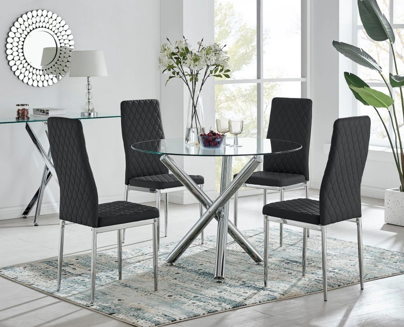 Image of FurnitureboxUK FurnitureboxUK Selina Chrome Round Glass Dining Table and 4 Milan Dining Chairs in Black Size: 4 Person Black 4 Person Unisex 5056542