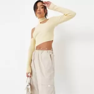 Image of Missguided High Neck Cut Out Rib Top - Yellow