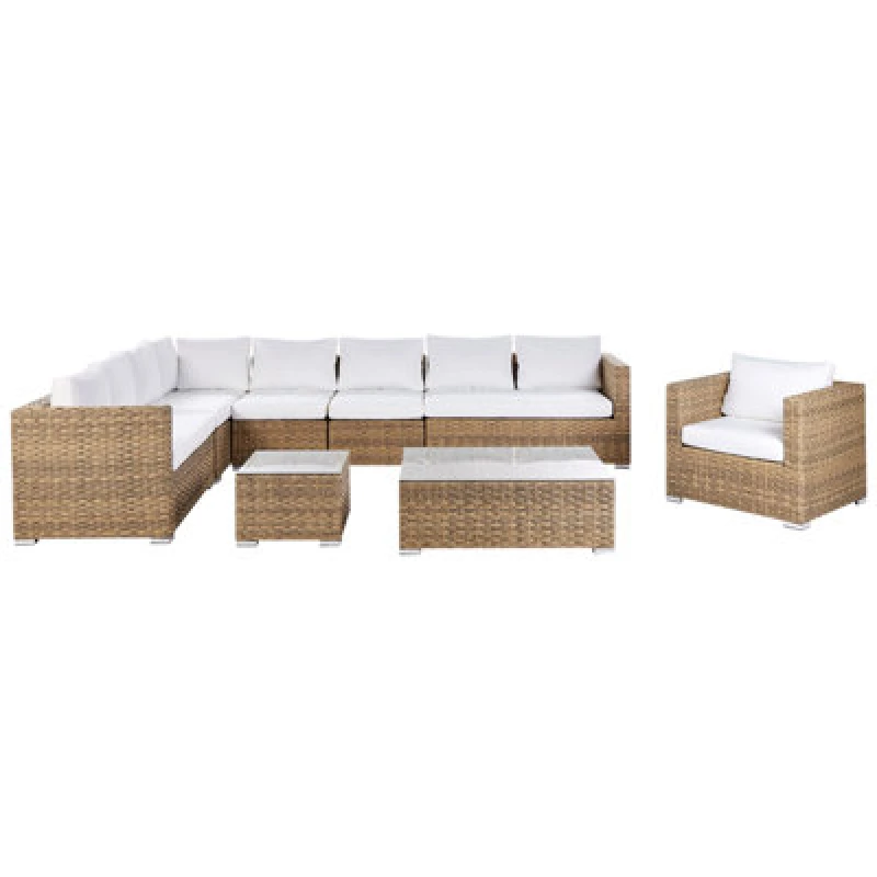 Image of Beliani Garden Lounge Set With Table 8 Seater XXL Right Hand Modular Pe Rattan Light Brown
