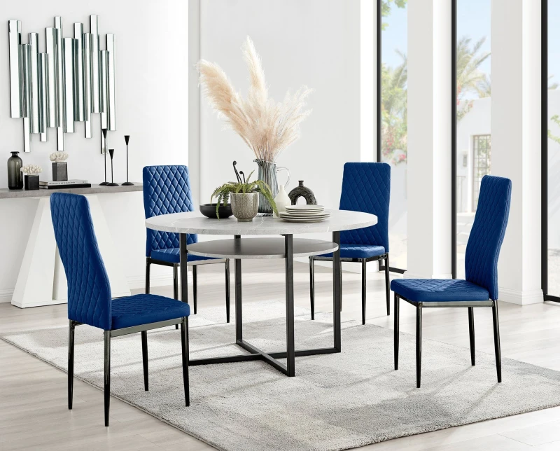 Image of FurnitureboxUK FurnitureboxUK Adley Grey Concrete Effect And Black Round Dining Table with Shelf and 4 Velvet Milan Dining Chairs in Navy Navy One Siz